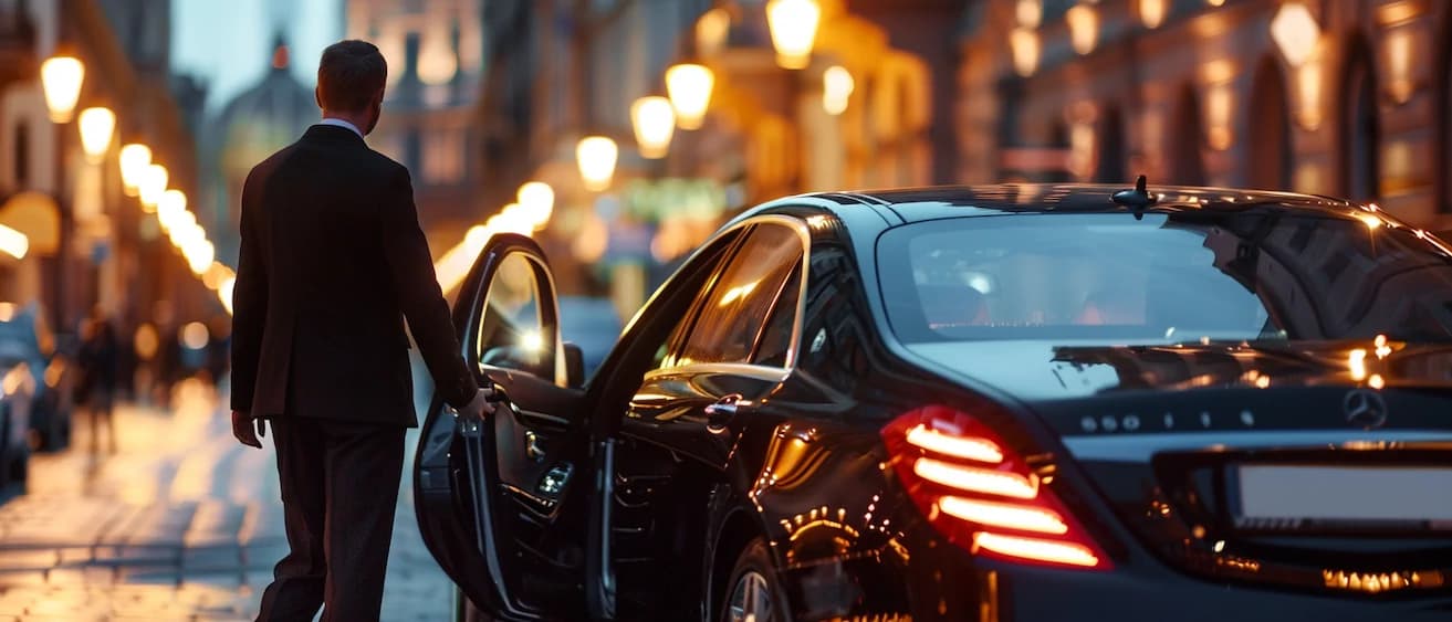 Private chauffeur opening a premium Mercedes vehicle door for VIPtransfer.ie airport transfer passenger in Ireland